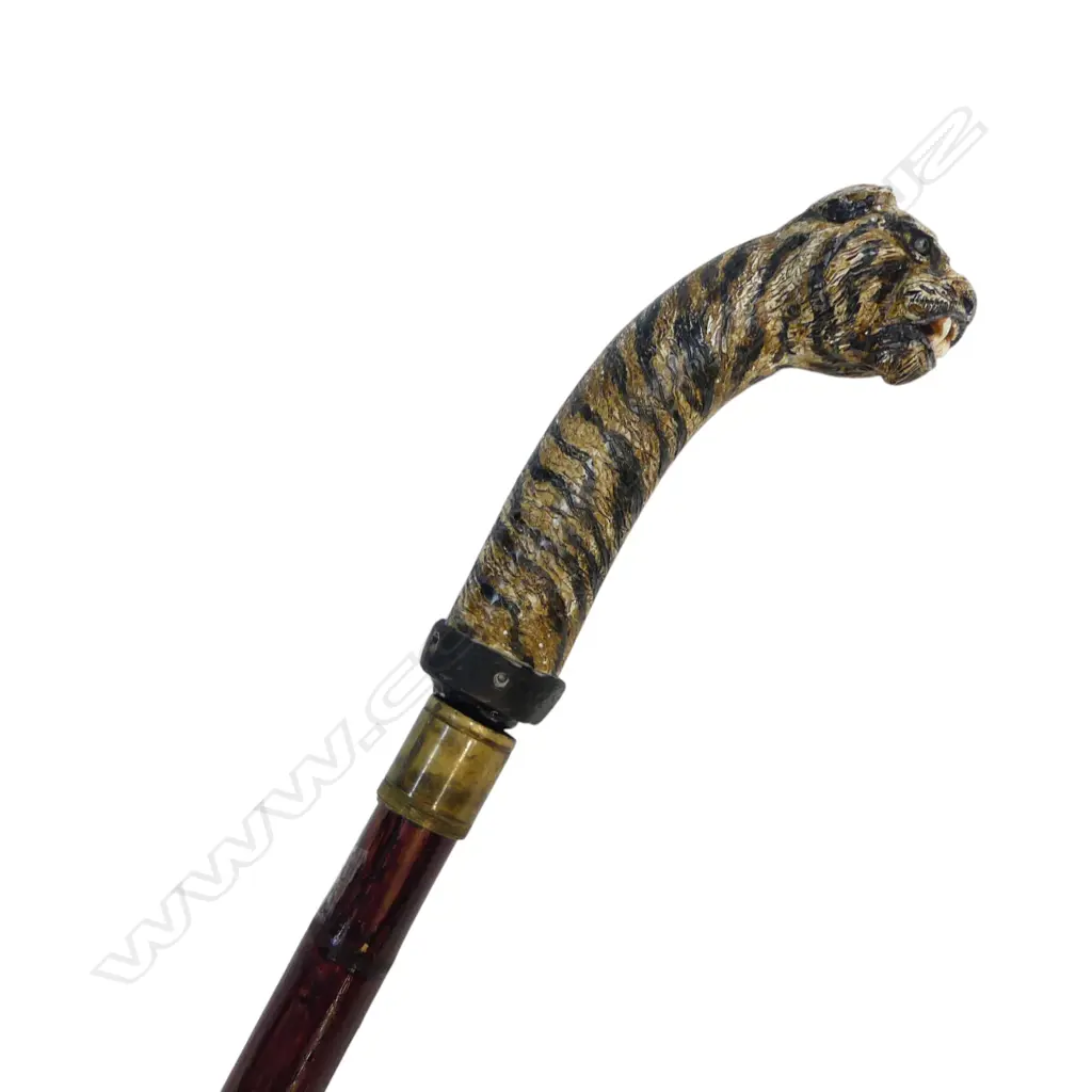 BONE CARVED TIGER HEAD & NECK HANDLED SWORD STICK painted decoration + brass fittings L.1100mm bamboo shaft.  Image 1++