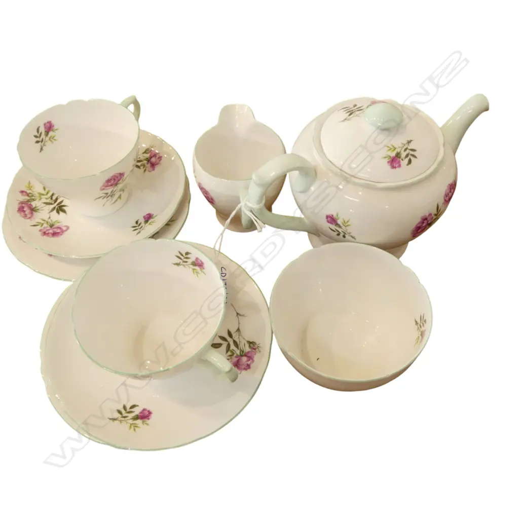 SHELLEY CHINA TEASET 2CSPS TEAPOT C/SUGAR PINK FLOWER PAT Image 1++
