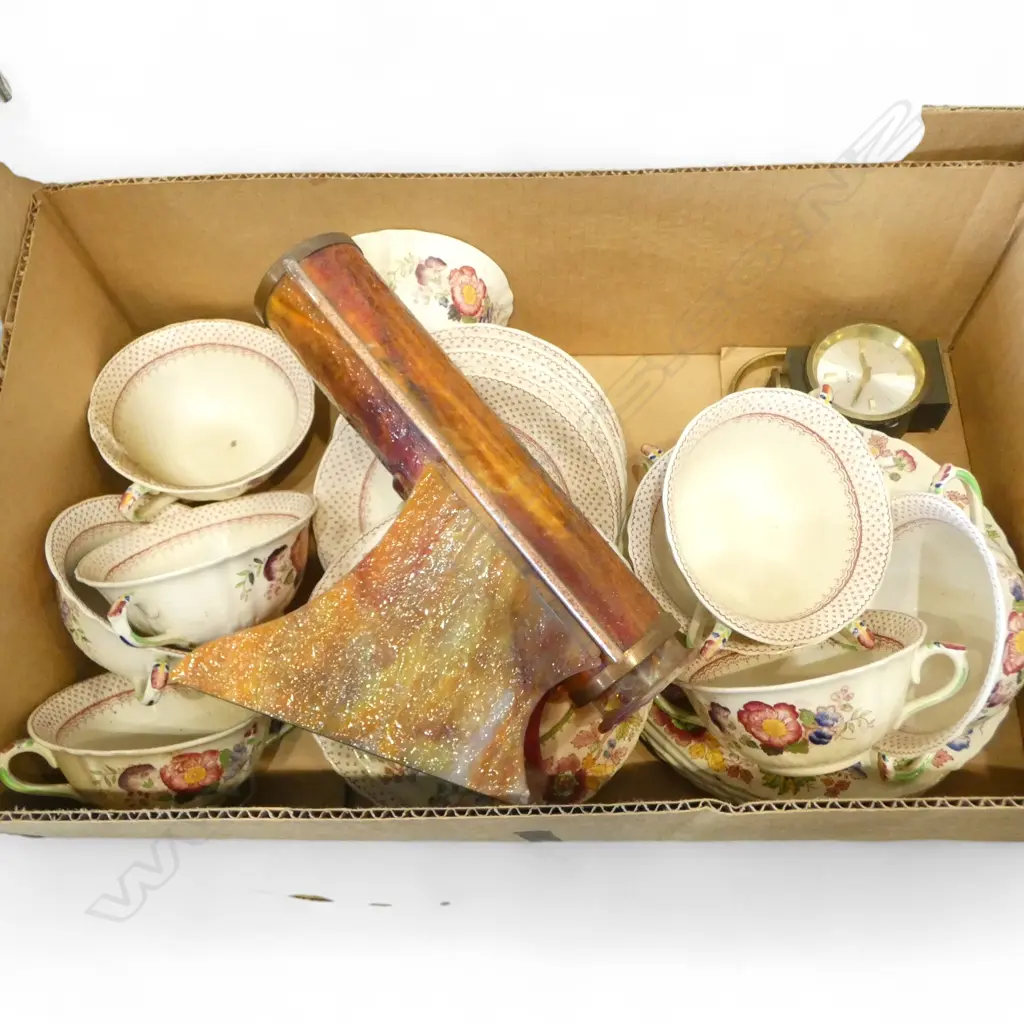 BOX OF MIXED MASON'S CHINA, KALEIDOSCOPE, SWIZA BEDSIDE CLOCK, ETC. (From the Estate of Tommy Doyle) Image 1++