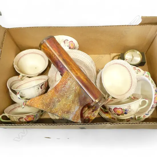 BOX OF MIXED MASON'S CHINA, KALEIDOSCOPE, SWIZA BEDSIDE CLOCK, ETC. (From the Estate of Tommy Doyle)