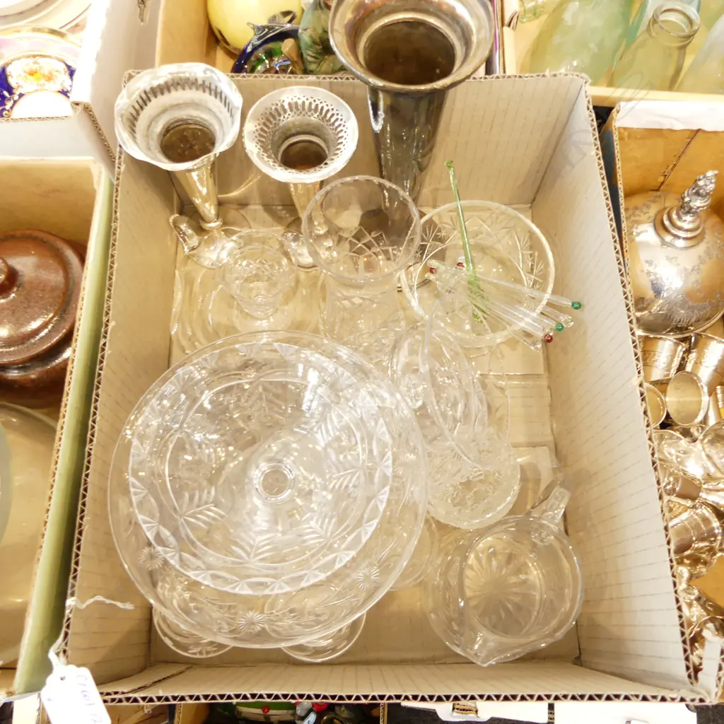 BOX OF CUT CRYSTAL & SILVER PLATE: STEMMED DISHES VASES ETC Image 1++