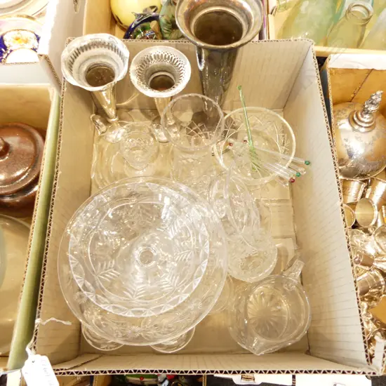 BOX OF CUT CRYSTAL & SILVER PLATE: STEMMED DISHES VASES ETC