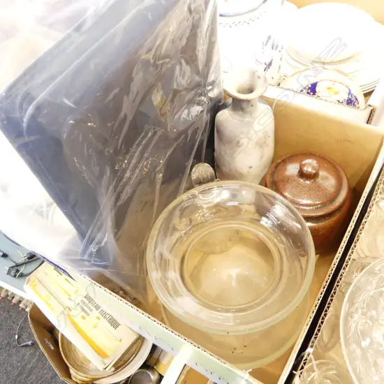 BOX OF GLASS + CRYSTAL + POTTERY + LEATHER BAGS