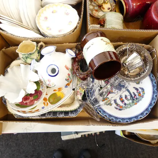 BOX OF OLDER CHINA + GLASSWARE + SILVER PLATE ETC