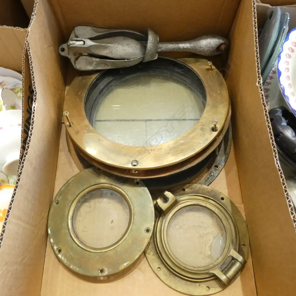 3 OLD BRASS or BRONZE SHIP'S PORTHOLES largest Dia. 275mm + FOLDING ANCHOR  Image 1++
