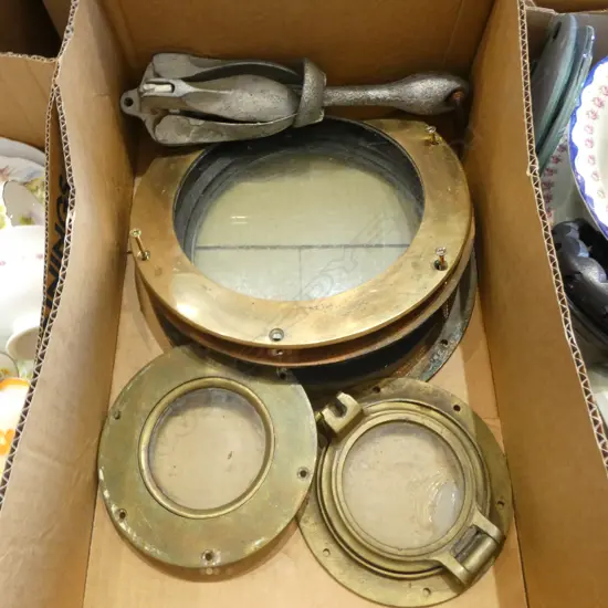 3 OLD BRASS or BRONZE SHIP'S PORTHOLES largest Dia. 275mm + FOLDING ANCHOR 