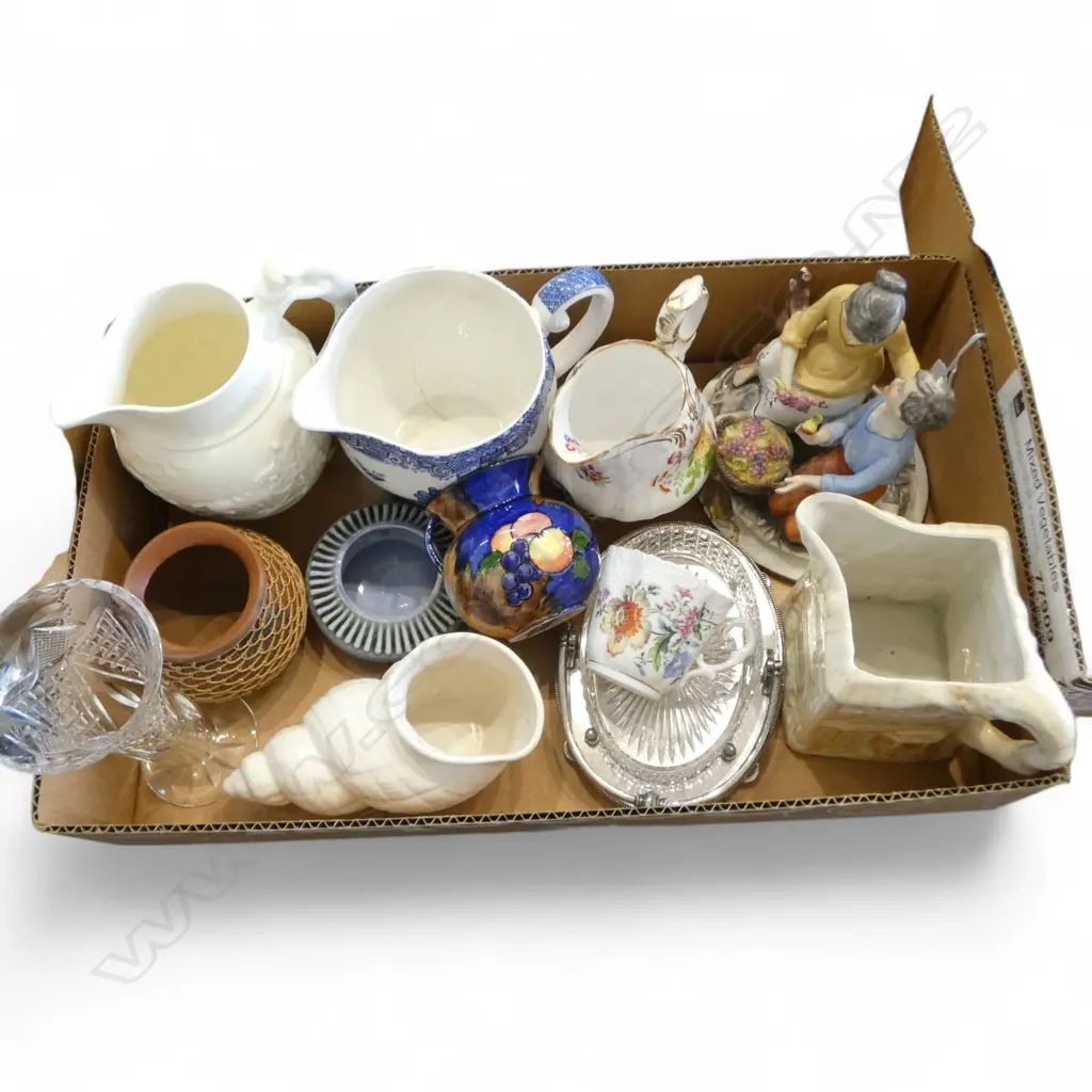 COLLECTION (BOX) OF CHINA ETC: Tunstall 'Autumn' vase + crystal vase + jugs etc Image 1++