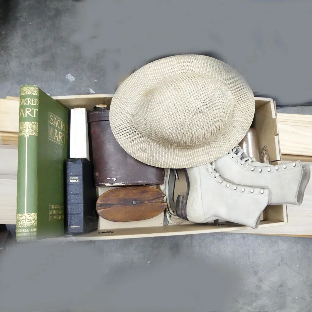 TRAY MISC BOOKS BINOCULARS ICE SKATES HAT ETC Image 1++