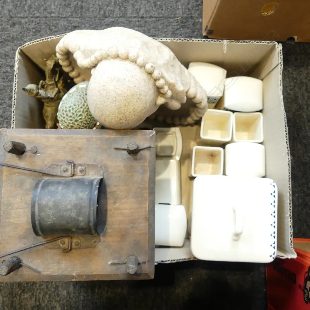 BOX OF ASST. INCLUDING ORIENTAL, VINTAGE CERAMIC GERMAN STORAGE JARS, etc Image 1++