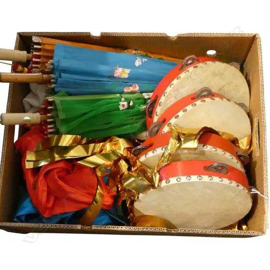 CHINESE PERFORMING CHEONGSAM DRESSES, PARASOLS & 4 TAMBORINES