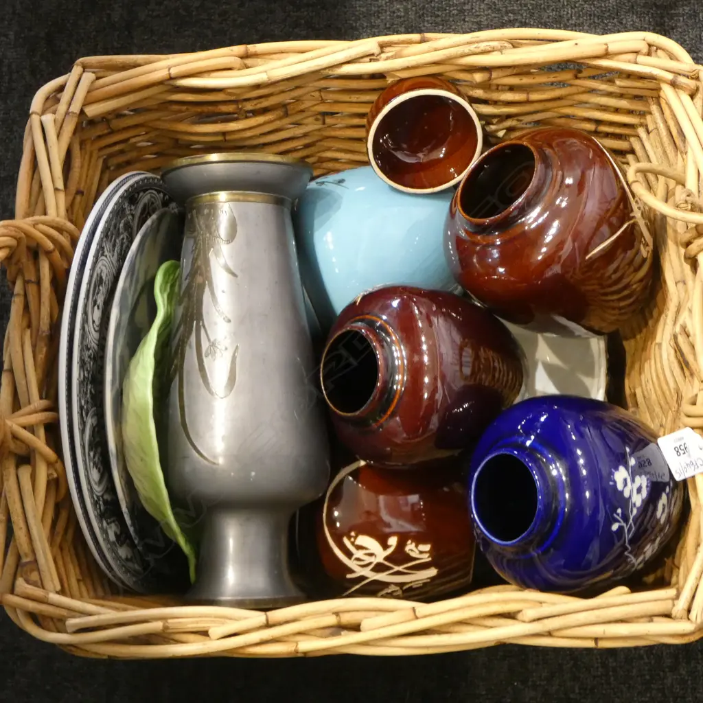 ASST. CHINA IN BASKET, 5 GINGER JARS ALL w. LIDS, PEWTER VASE ETC Image 1++
