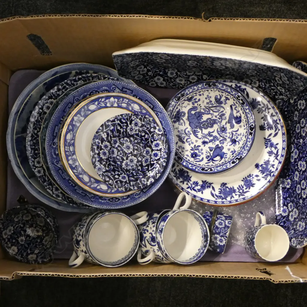 BOX OF BLUE & WHITE CHINA: 'CALICO BURLEIGH' + SOME OLD ORIENTAL ETC Image 1++