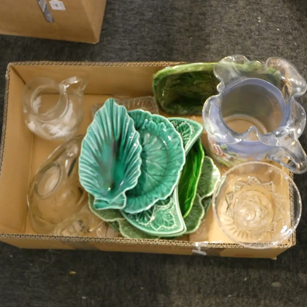 BOX OF GLASS WARE & GREEN MAJOLICA TYPE POTTERY: Tony Sly dish + leaf dishes + painted Victorian glass + rabbit jelly... Image 1++