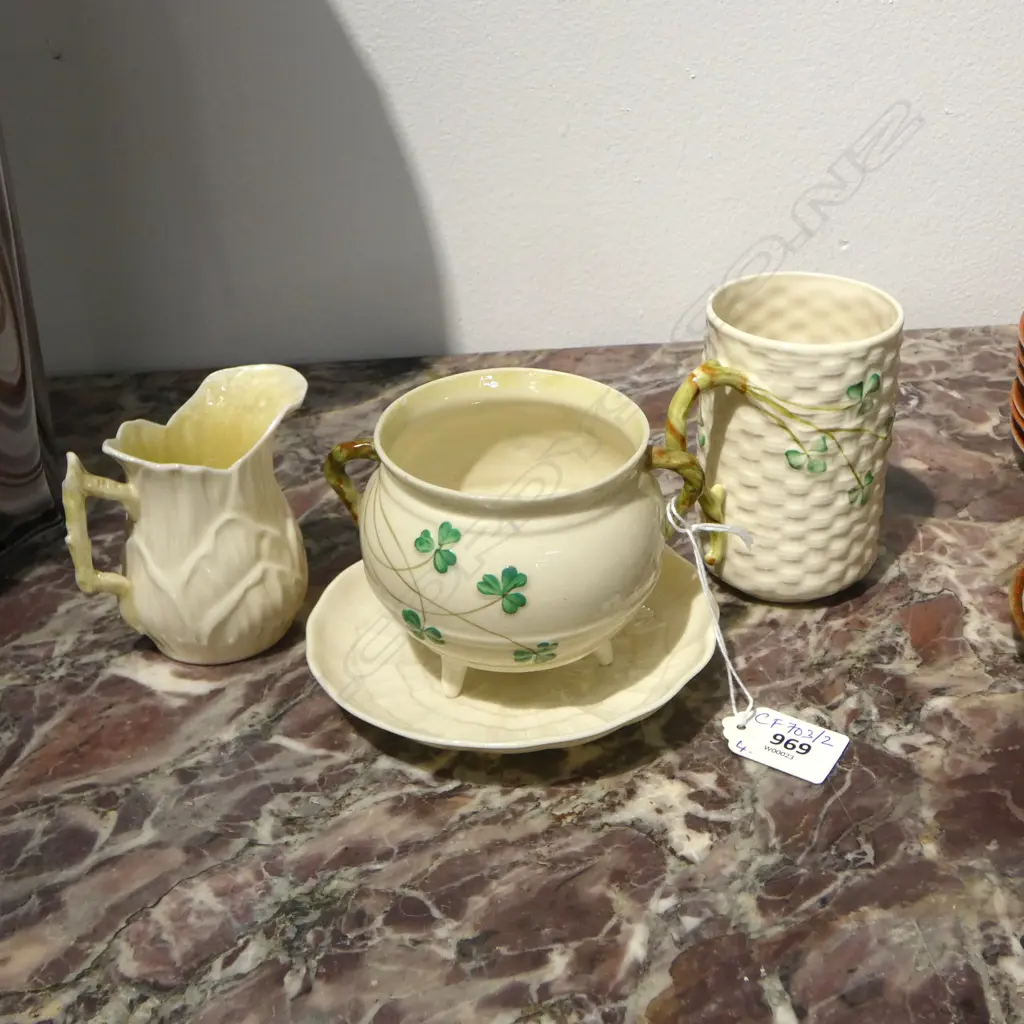 4 PCES BELLEEK CHINA; COULDRON, SAUCER, JUG, MUG H.100mm Image 1++