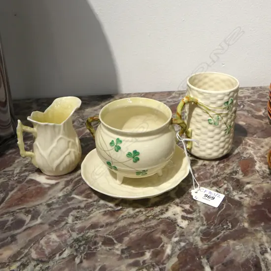4 PCES BELLEEK CHINA; COULDRON, SAUCER, JUG, MUG H.100mm