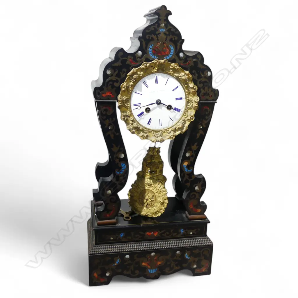 19thC FRENCH INLAID ENAMEL BOULLE MANTLE CLOCK H.560mm w. key & pendulum - suspension spring needs replacement Image 1++