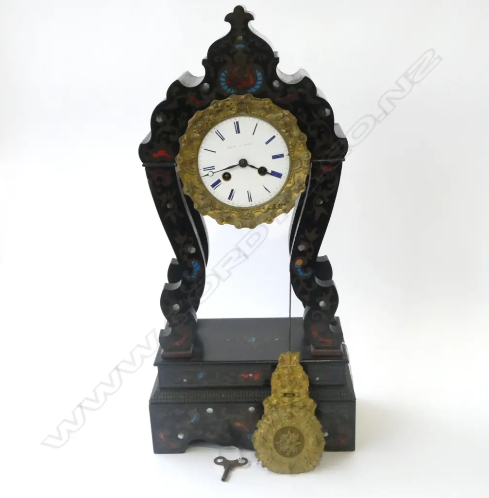 19thC FRENCH INLAID ENAMEL BOULLE MANTLE CLOCK H.560mm w. key & pendulum - suspension spring needs replacement Image 1++