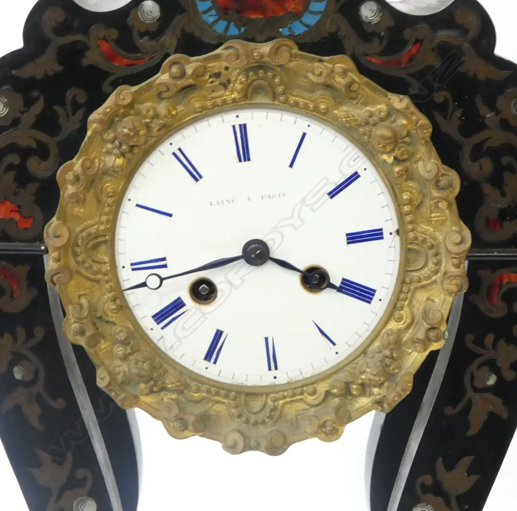 19thC FRENCH INLAID ENAMEL BOULLE MANTLE CLOCK H.560mm w. key & pendulum - suspension spring needs replacement Image 1++