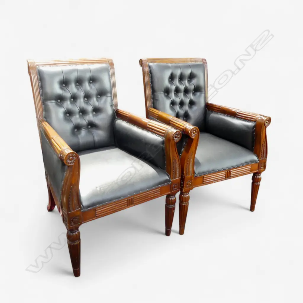 PR LEATHER ARMCHAIRS, CARVED WOODEN FRAME Image 1++