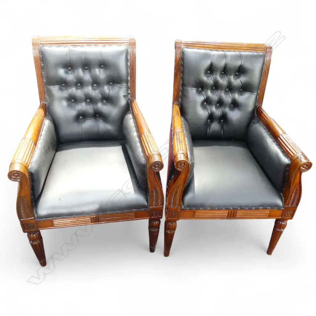PR LEATHER ARMCHAIRS, CARVED WOODEN FRAME Image 1++