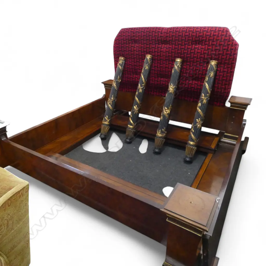 ORNATE EUROPEAN EMPIRE STYLE BED w. WOVEN RED VELVET HEADBOARD W.2060mm D.2620mm Image 1++