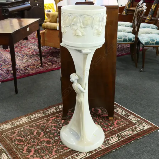 CERAMIC JARDINIERE ON STAND relief florals on stand with near full relief woman H.1080mm.