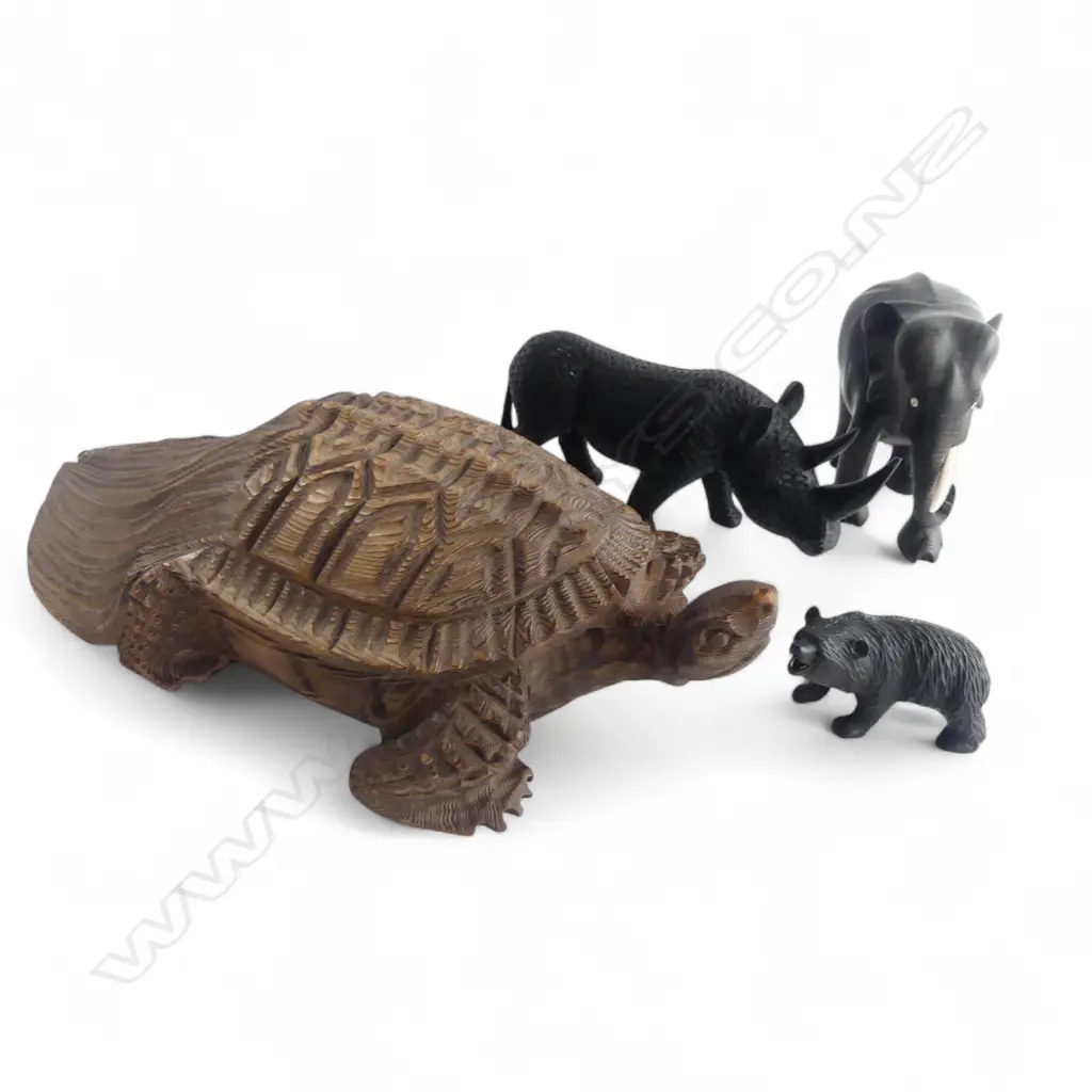 4 CARVED ANIMALS; CEDAR WOOD MYTHICAL MINOGAME TURTLE L440mm & BEAR, RHINOCEROUS & ELEPHANT Image 1++
