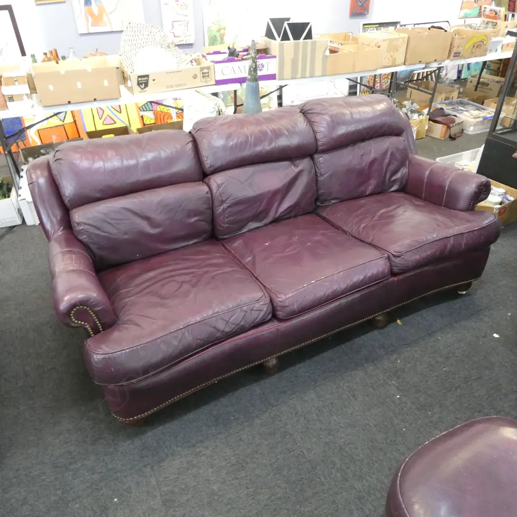 (vendor to collect Tuesday 12th) LEATHER SOFA, WEAR & HOLES W.2050mm Image 1++