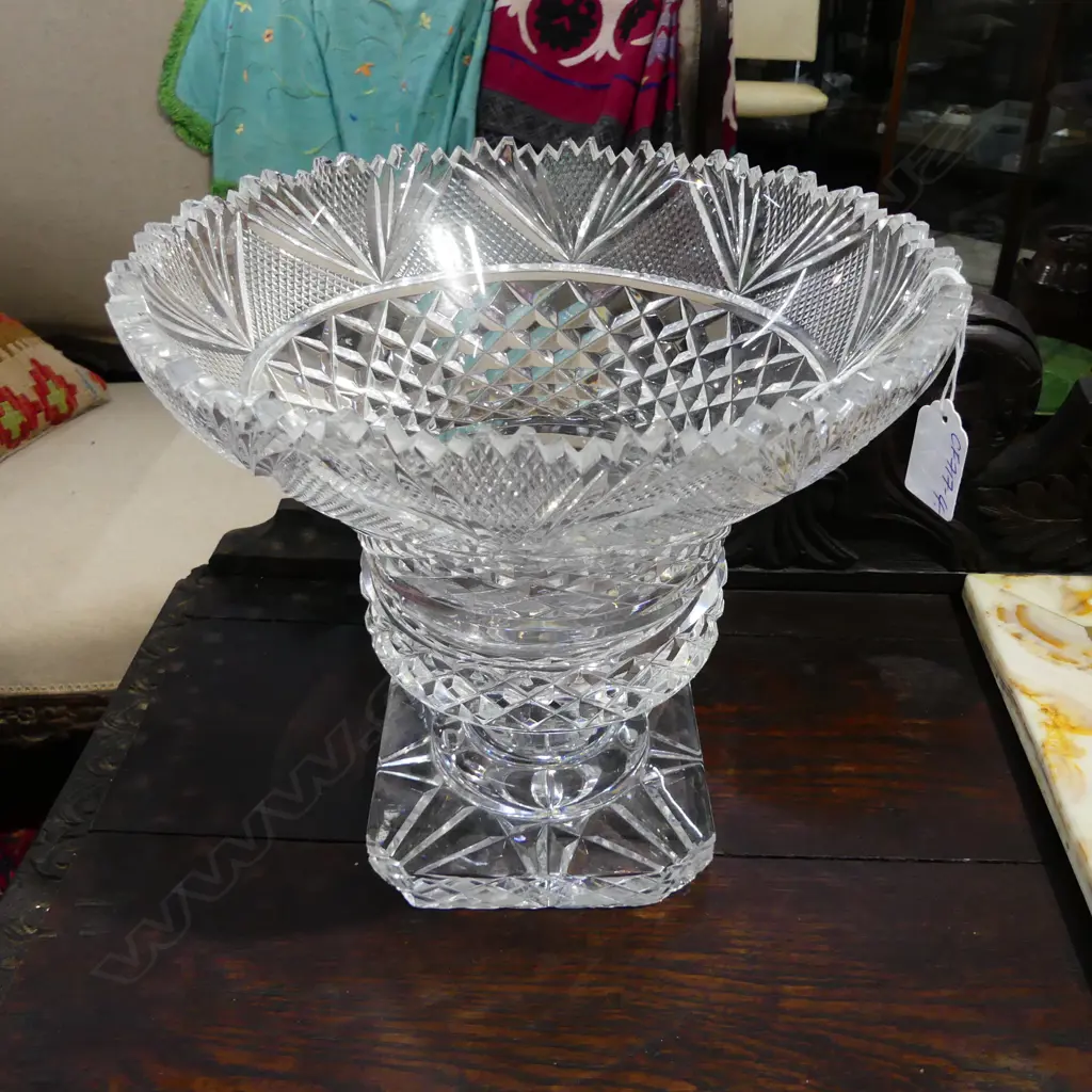 EARLY 20thC LARGE CUT CRYSTAL PEDESTAL VASE flared top. Square foot H.235mm. Dia.255mm. Minor faults Image 1++