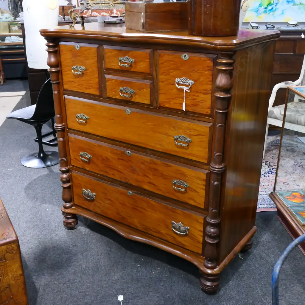 COLONIAL KAURI SCOTCH CHEST WITH MOTTLE DRAWER FRONTS. 1170 x 560 x 1290mm. Drawer runners recently restored. Image 1++