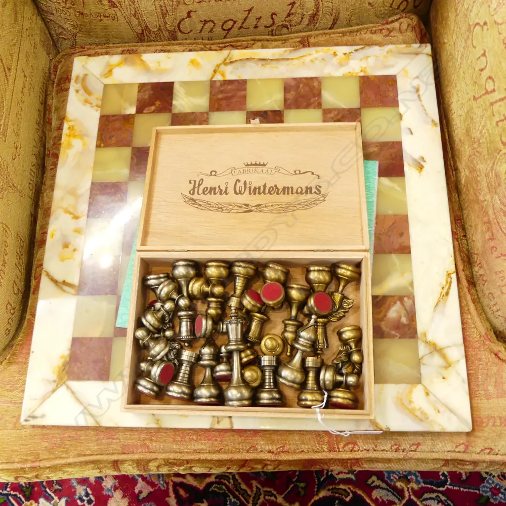 QUALITY HEAVY TURNED METAL CHESS SET (King 95mm high) on ALABASTER INLAID BOARD 455 x 455mm Image 1++
