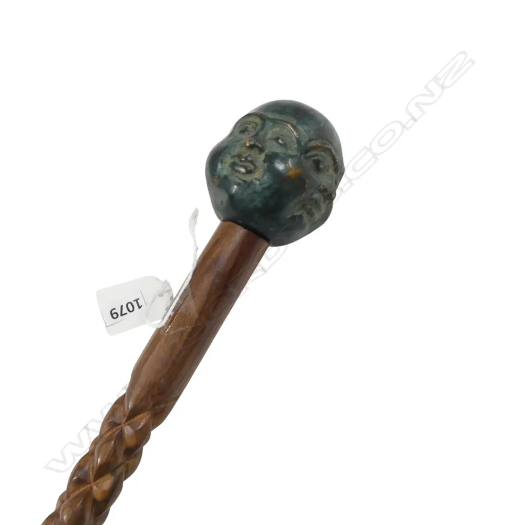 BRONZE 4 FACES OF BUDDHA HANDLED WALKING STICK pineapple like carved shaft. L.900mm Image 1++
