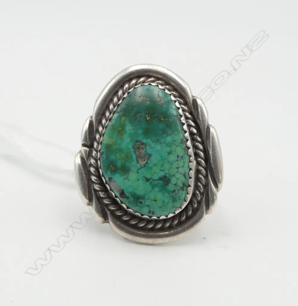 STERLING SILVER & TURQUOISE RING SIZE R Image 1++