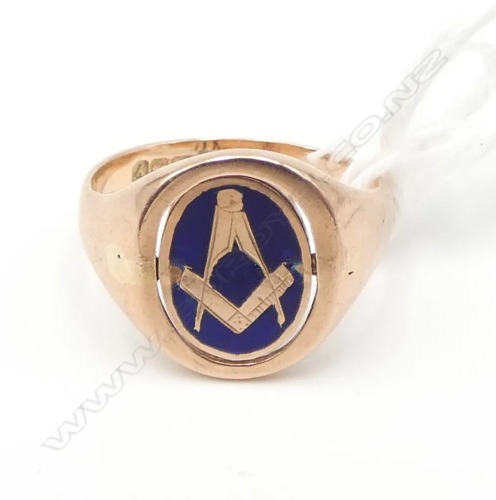 9CT ROSE GOLD MASONIC SPINNER RING SIZE M (some damage to enamel) Image 1++