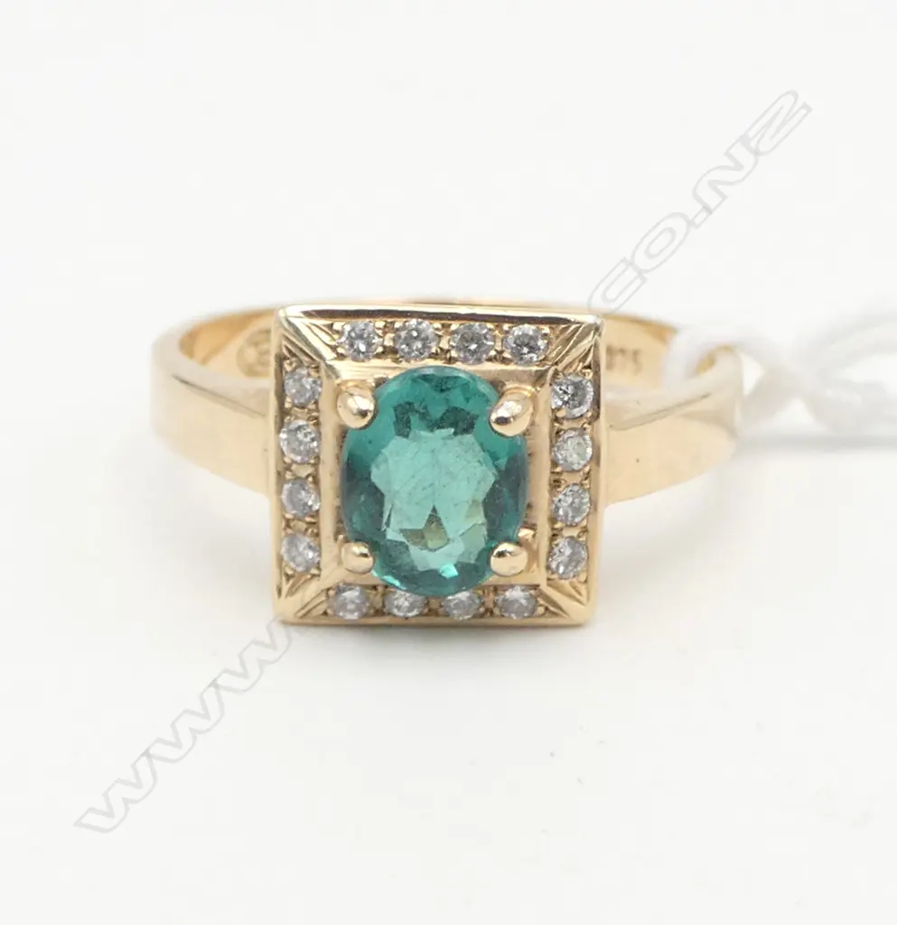 9CT Y/GOLD TOURMALINE & DIAMOND DRESS RING, 3.7gms SIZE R Image 1++