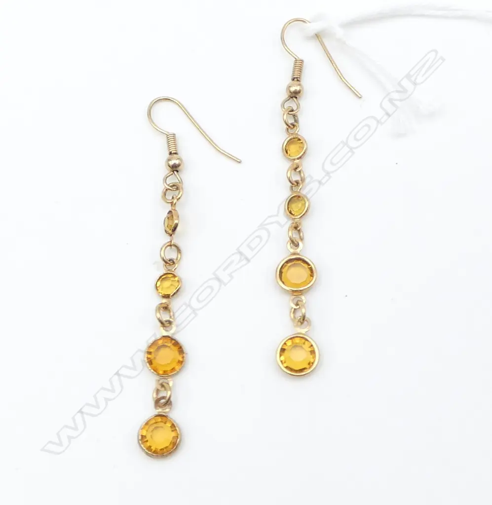PR GOLD PLATE  YELLOW COLOURED STONE DROP EARRINGS L.60mm 2.2gms Image 1++