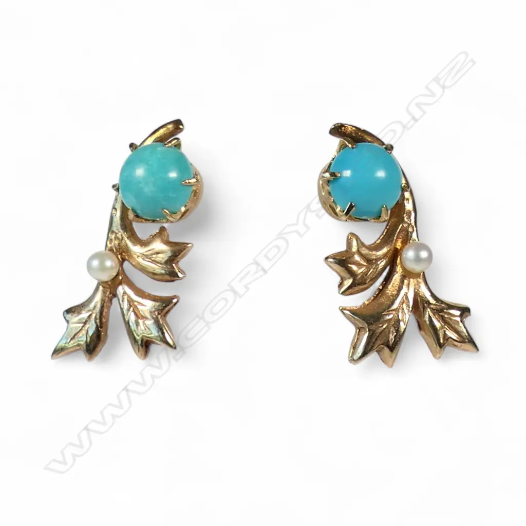 9CT GOLD TURQUOISE AND PEARL NECKLACE AND EARRING SET 12.12gms Image 1++