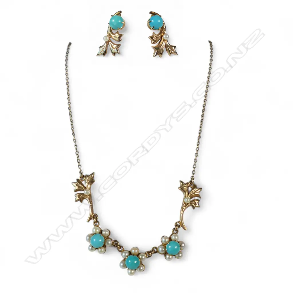 9CT GOLD TURQUOISE AND PEARL NECKLACE AND EARRING SET 12.12gms Image 1++