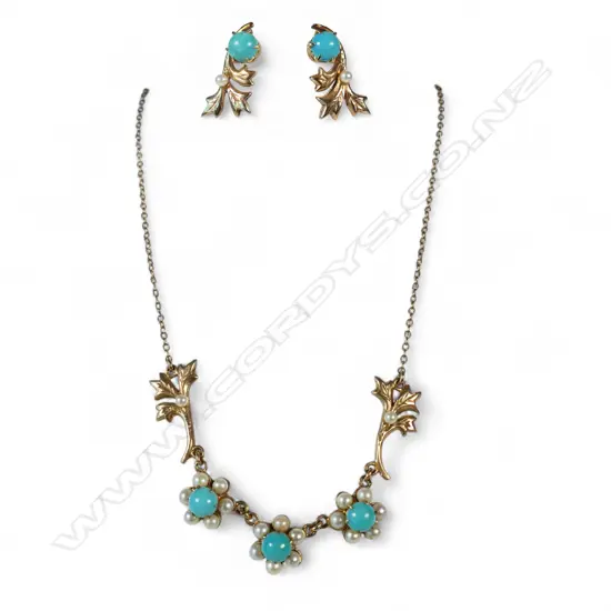 9CT GOLD TURQUOISE AND PEARL NECKLACE AND EARRING SET 12.12gms