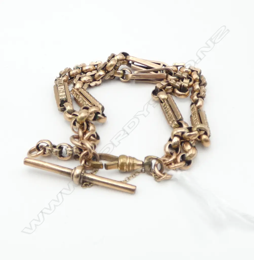 c.1900 FANCY 9CT ROSE GOLD DBLE LENGTH BRACELET with T-bar. Gold plated clasp. 22.8gms Image 1++