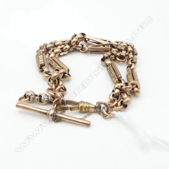 c.1900 FANCY 9CT ROSE GOLD DBLE LENGTH BRACELET with T-bar. Gold plated clasp. 22.8gms
