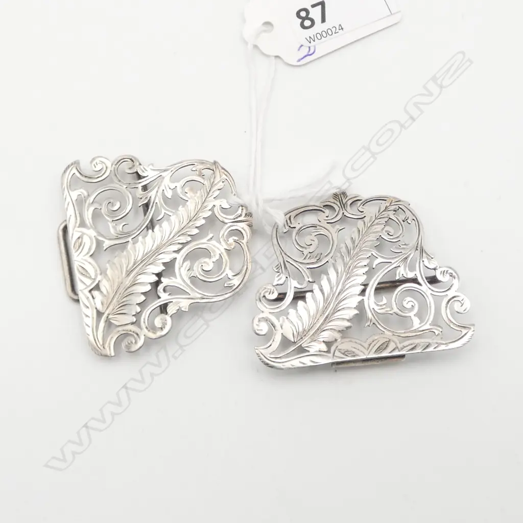 BIRMINGHAM 1909 SILVER 2 PCE BUCKLE with fern leaf & scroll decoration Image 1++