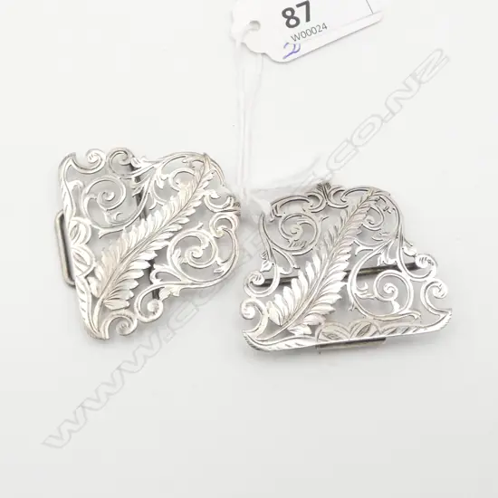 BIRMINGHAM 1909 SILVER 2 PCE BUCKLE with fern leaf & scroll decoration