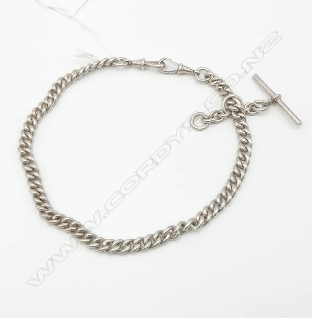 SILVER HEAVY CURB LINK FOB CHAIN W T-BAR & 2 CLIPS each link hallmarked 62gms Image 1++