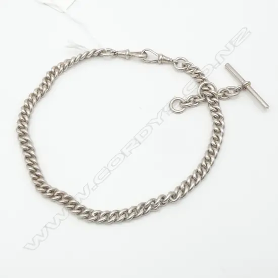 SILVER HEAVY CURB LINK FOB CHAIN W T-BAR & 2 CLIPS each link hallmarked 62gms