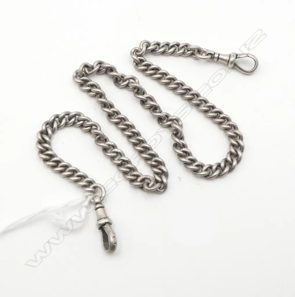 c.1900 SILVER GRADUATED LONG CURB LINK ALBERT CHAIN w 2 clips L.420mm 43.8gms Image 1++