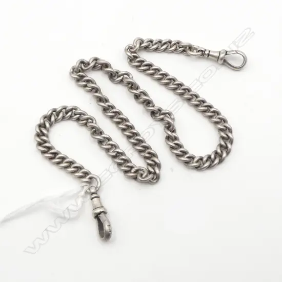 c.1900 SILVER GRADUATED LONG CURB LINK ALBERT CHAIN w 2 clips L.420mm 43.8gms
