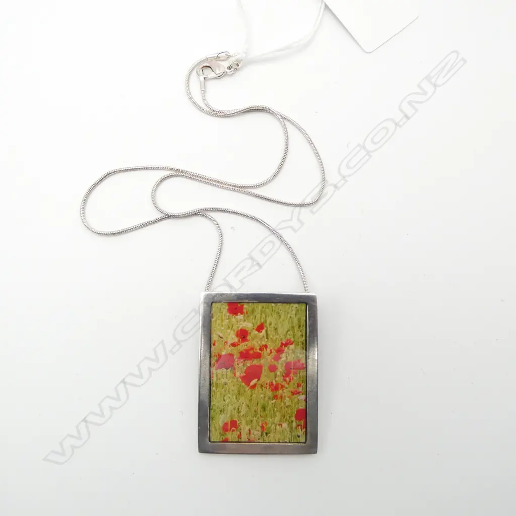 JO LUPING SILVER POPPY PENDANT on SILVER CHAIN, can also be worn as a brooch Image 1++