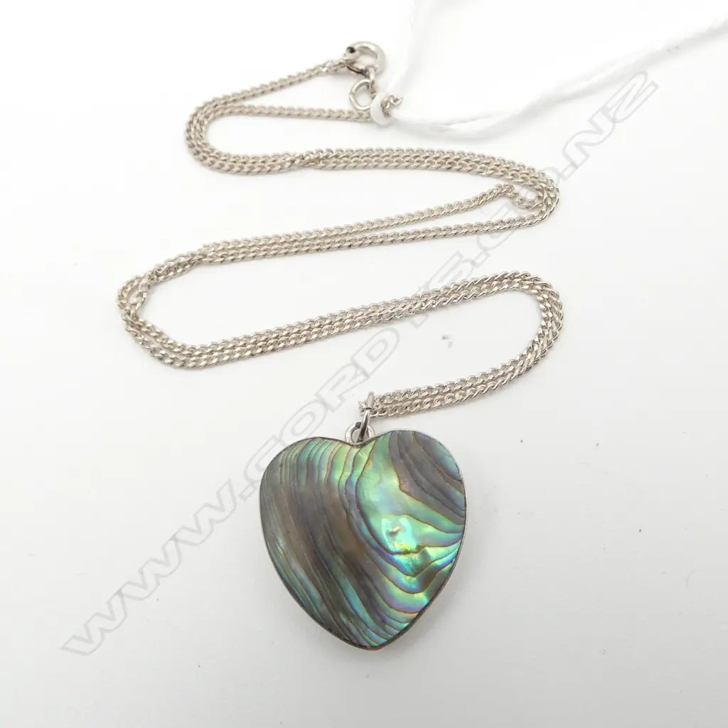 SILVER BACKED PAUA HEART PENDANT on SILVER CHAIN Image 1++