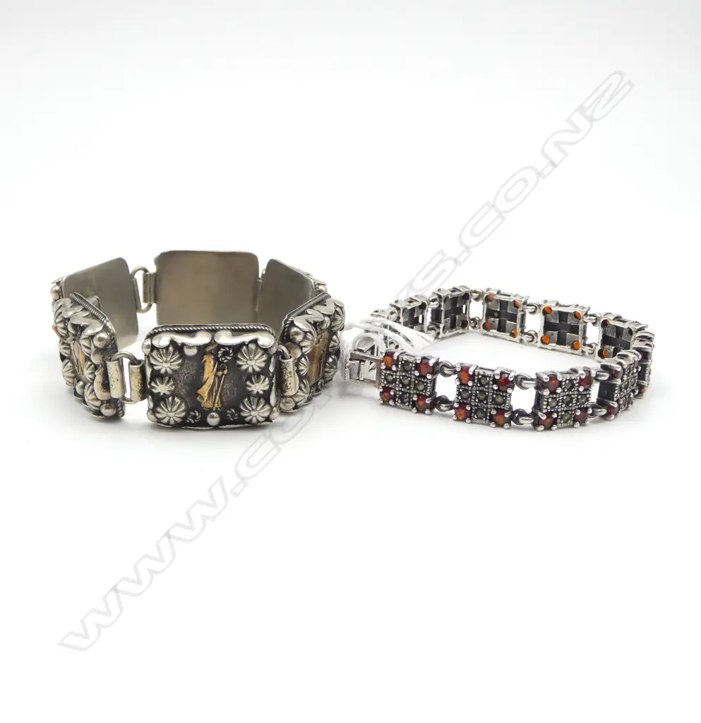 2 VINTAGE SILVER BRACELETS, MARCASITE & GARNET & TURKISH SOUVENIR Image 1++